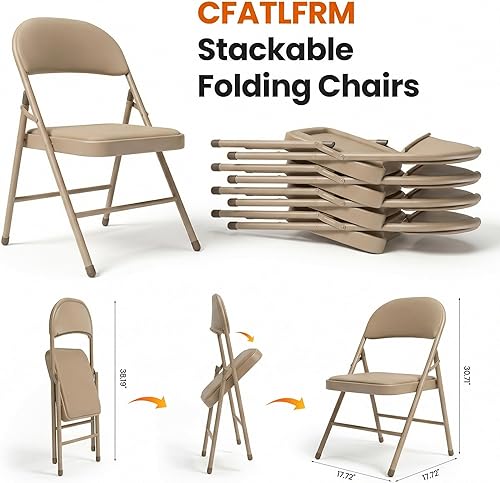 Miniatura 7 de Paquete de 6 sillas plegables color caqui, sillas plegables acolchadas con asiento y respaldo de piel sintética, sillas plegables de metal