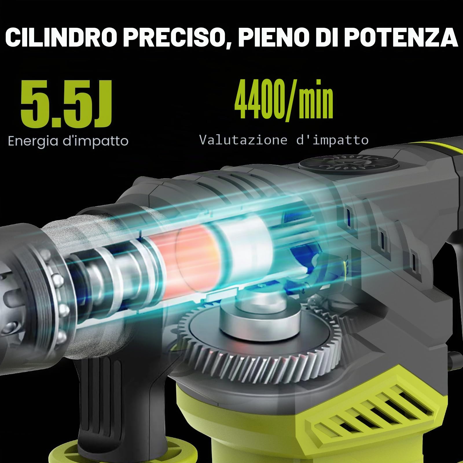 DEWINNER Martello perforatore SDS-Plus, 1500 W, 6 velocità, 850RPM, 4400BPM, 5,5J, frizione di sicurezza e tecnologia antivibrazione, 3 funzioni, incluso organizer, scalpello e punta da 32 mm