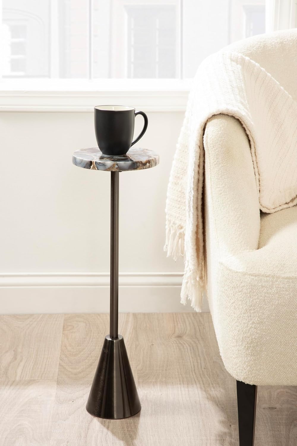 Kate and Laurel Sitara Modern Round Drink Table, 8 x 8 x 23, Black Agate and Gray Gunmetal, Unique Circle Stone Mini Table for Use as Bathroom Accent Table or Pedestal Martini Table