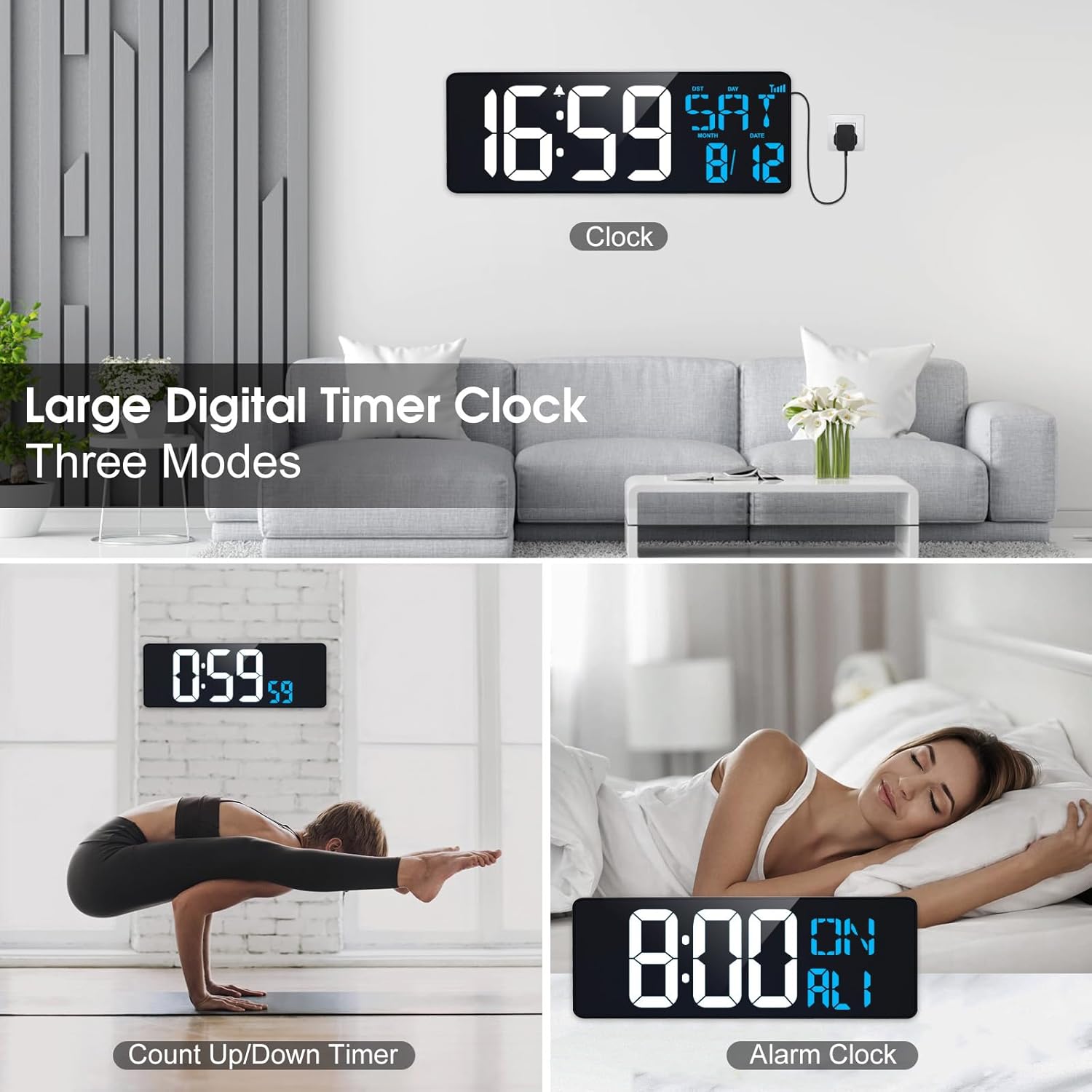 17" Large Digital Wall Clock with Bluetooth Sync, Remote Control, Alarm Big LED, Auto DST Temperature for Classroom Bedroom Garage Gym