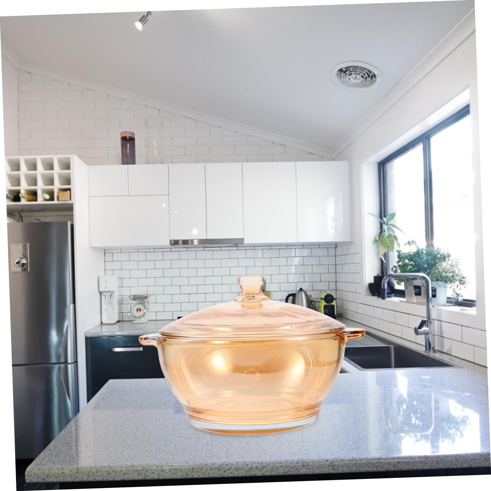 TOPBATHY Hitzebeständige Glasschüssel aus Glas mit 1000ml Fassungsvermögen und Doppelten Griffen Mikrowellengeeignet Goldfarbener Suppentopf zum Kochen und Servieren