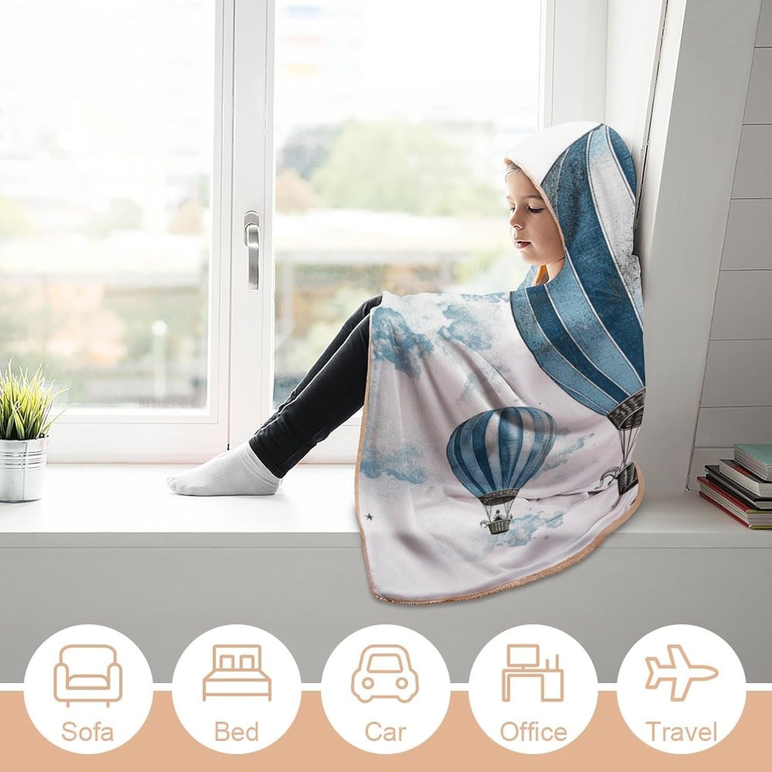 Blue Hot Air Balloon Wearable Hooded Blanket, Ultra Soft Arctic Velvet Cape Cloak Unisex - Cozy Wearable Blanket