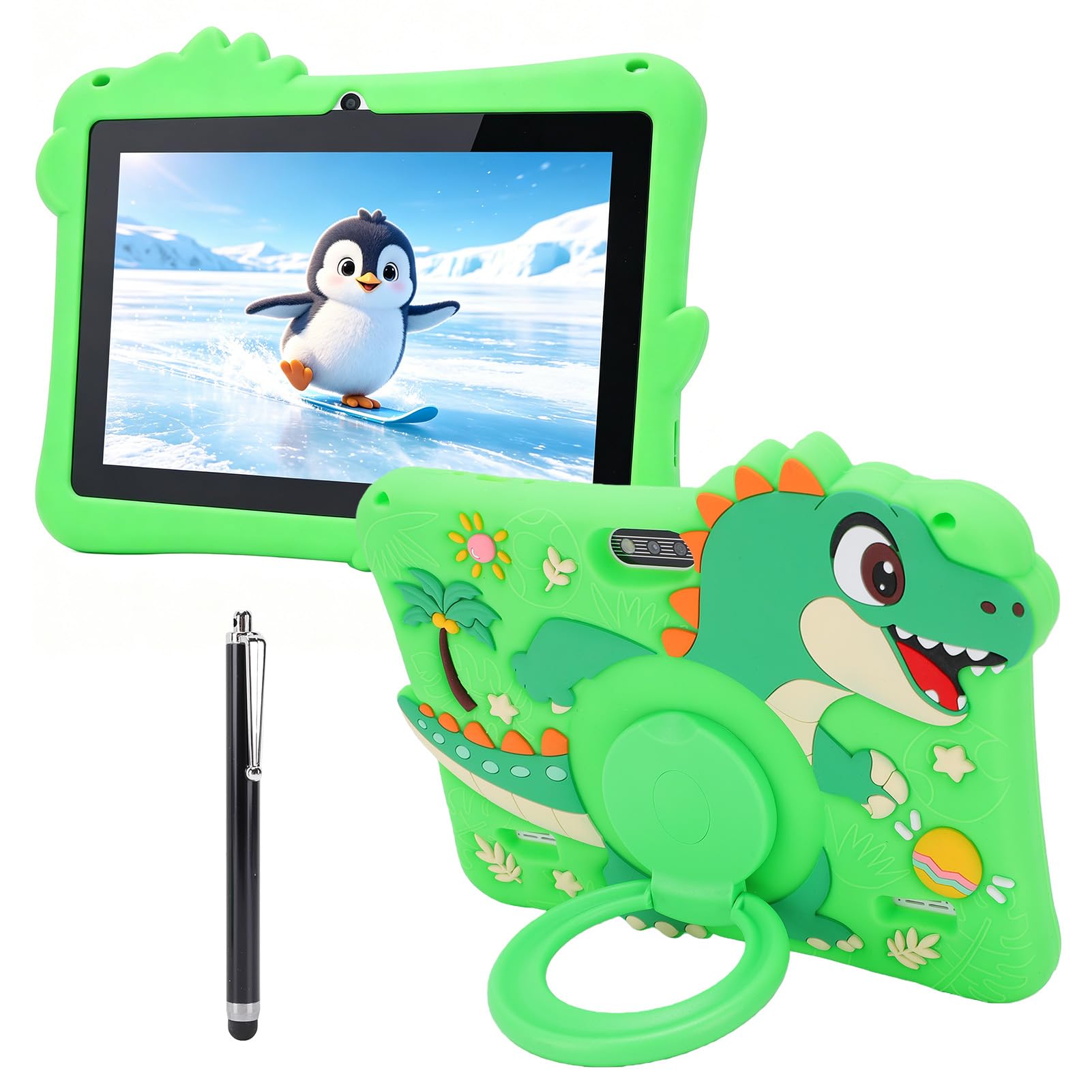 Tablette Dinosaure pour Enfants pour L'apprentissage, Tablette d'apprentissage pour Enfants avec 8 Pouces HD, 2 Go 16 Go, Double Caméra, étui Antichoc, Stylet pour Les Tout (Green)