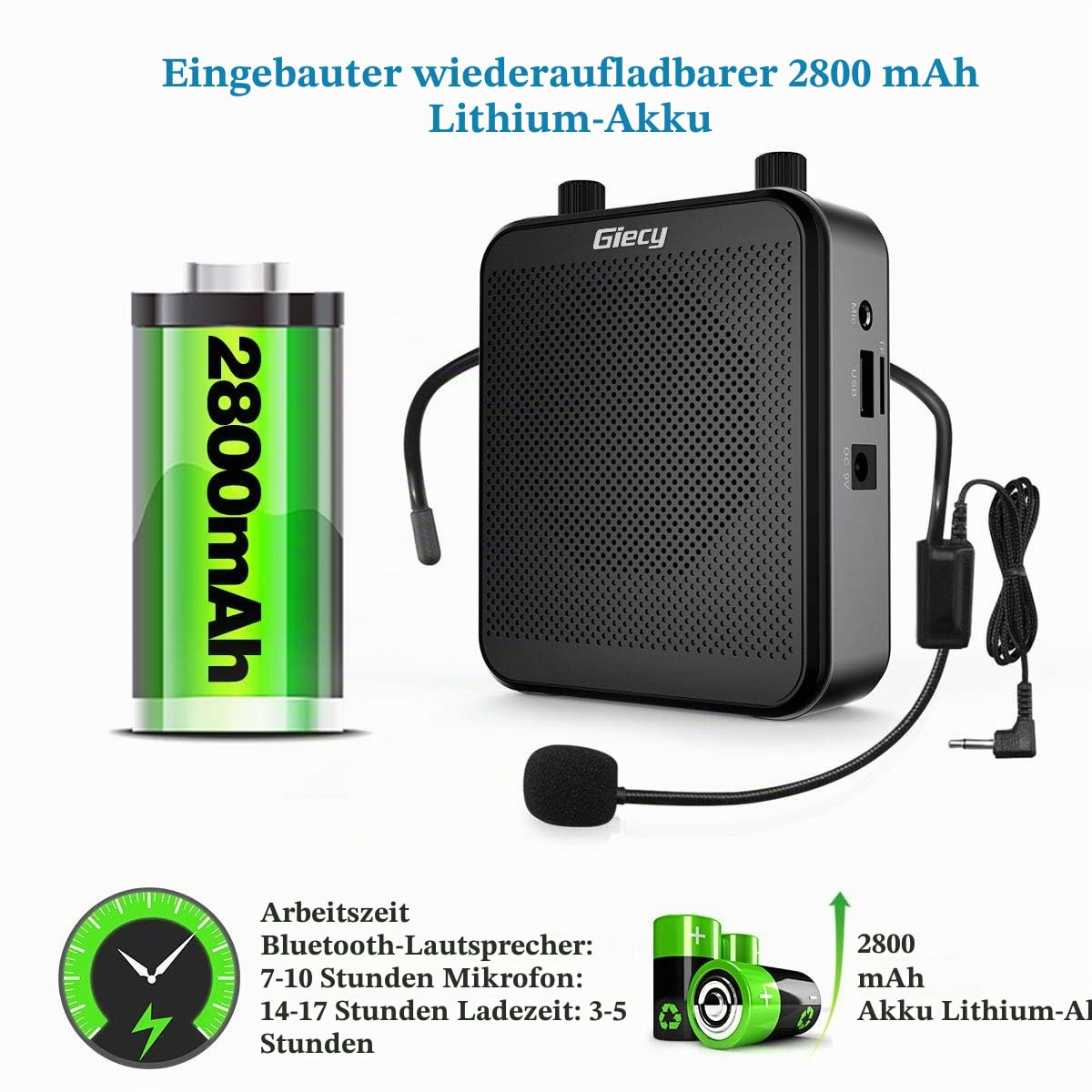 Tragbarer Sprachverstärker mit Mikrofon, 30 W, wiederaufladbarer Akku, 2800 mAh, Lautsprecher-System, Sprachverstärker, leicht, für Lehrer, Reiseleiter, Sporttrainer, Moderator (schwarz)