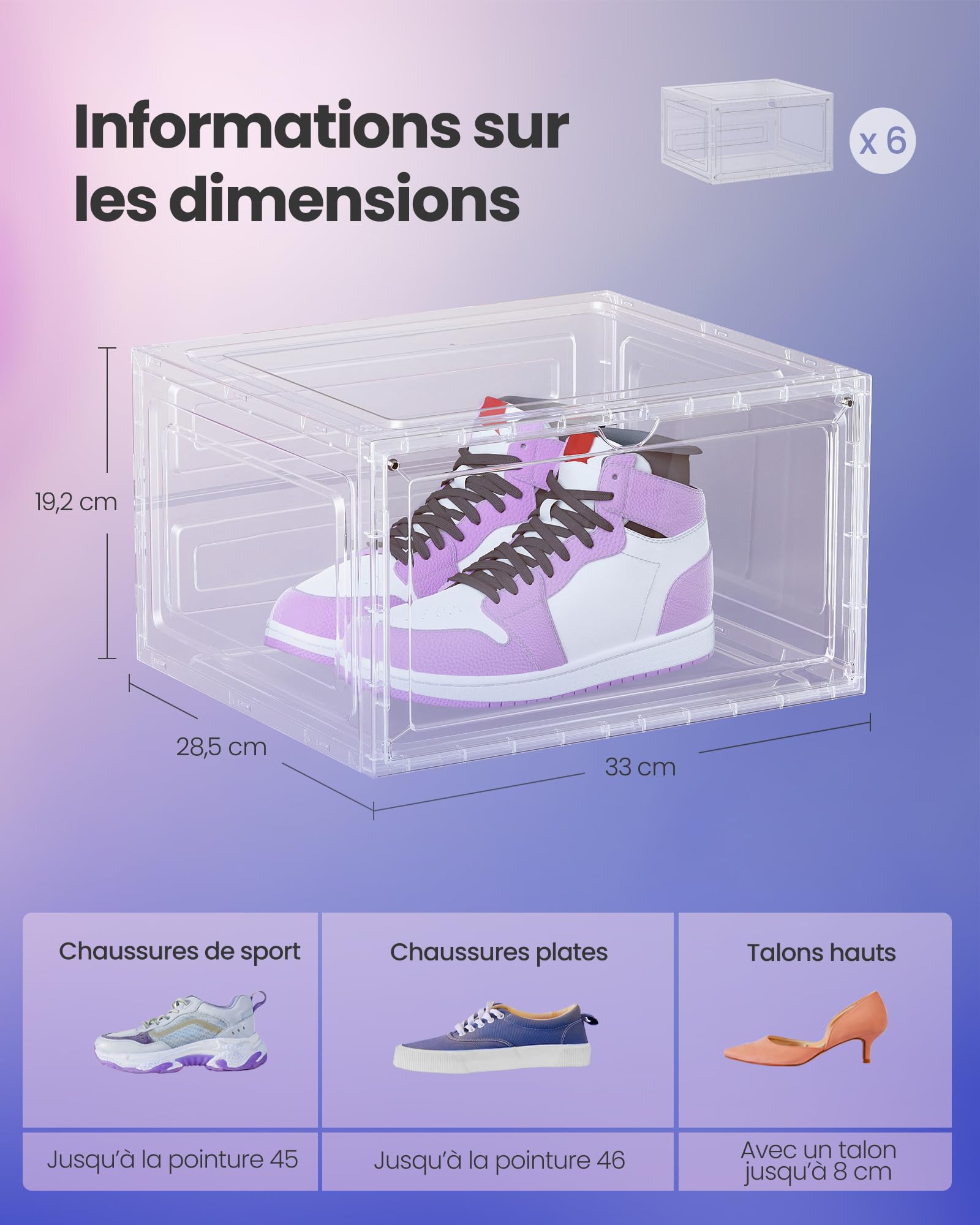 SONGMICS Boîtes à Chaussures Lot de 8, Rangement pour Chaussures, en Plastique, avec Porte, Empilable, 33 x 28,5 x 19,2 cm, jusqu’à la Pointure 46, Blanc Transparent LSP508W01