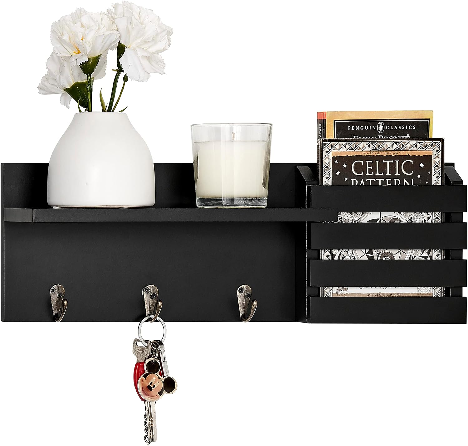 Danya B. Entryway Utility Wall Shelf with Pocket and Hanging Hooks (Black)