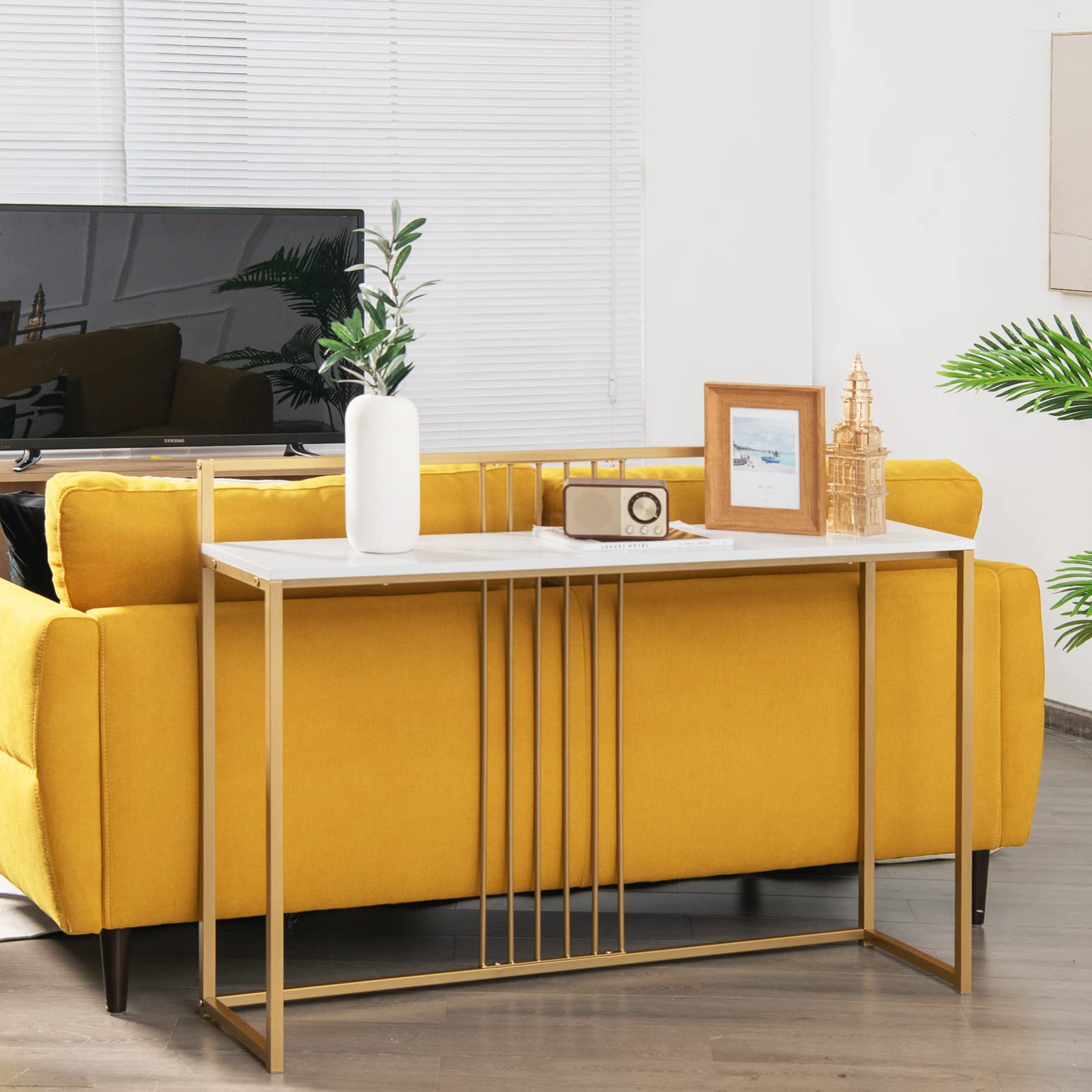 GIANTEX Tavolo Consolle in Marmorizzato Oro, Tavolino da Corridoio Struttura in Metallo, Tavolino da Salotto Design Moderno e Sottile, 120 x 30 x 88 cm (Bianco+Oro)
