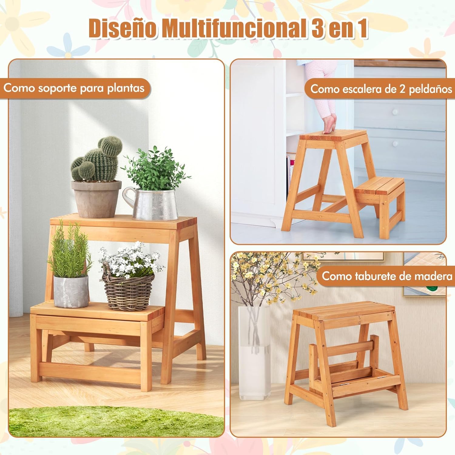 GIANTEX Taburete Escalera Plegable de Madera de Abeto, 2 Peldaños, 50 x 39 x 45 cm, Taburete Plegable Multifuncional, Carga 150 kg+100 kg, para Biblioteca, Cocina, Jardín, Almacén
