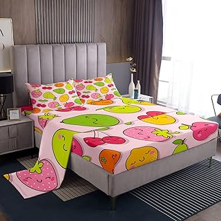 Cute Fruit Sheet Set Twin,Cartoon Apple Lemon Juice Strawberry Cherry Orange Bed Sheet 3pcs with Deep Pocket Fitted Sheet + Flat Sheet + 1 Pillowcase Fruit Theme Light Pink Bedding Set for Kids Teens