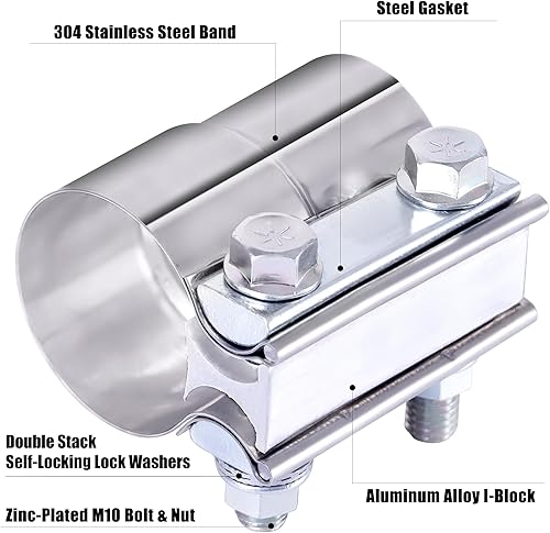 Miniatura 5 de Abrazadera de escape de 2.0 pulgadas, acoplador de manguito de abrazadera de banda de escape de acero inoxidable (1 unidad)
