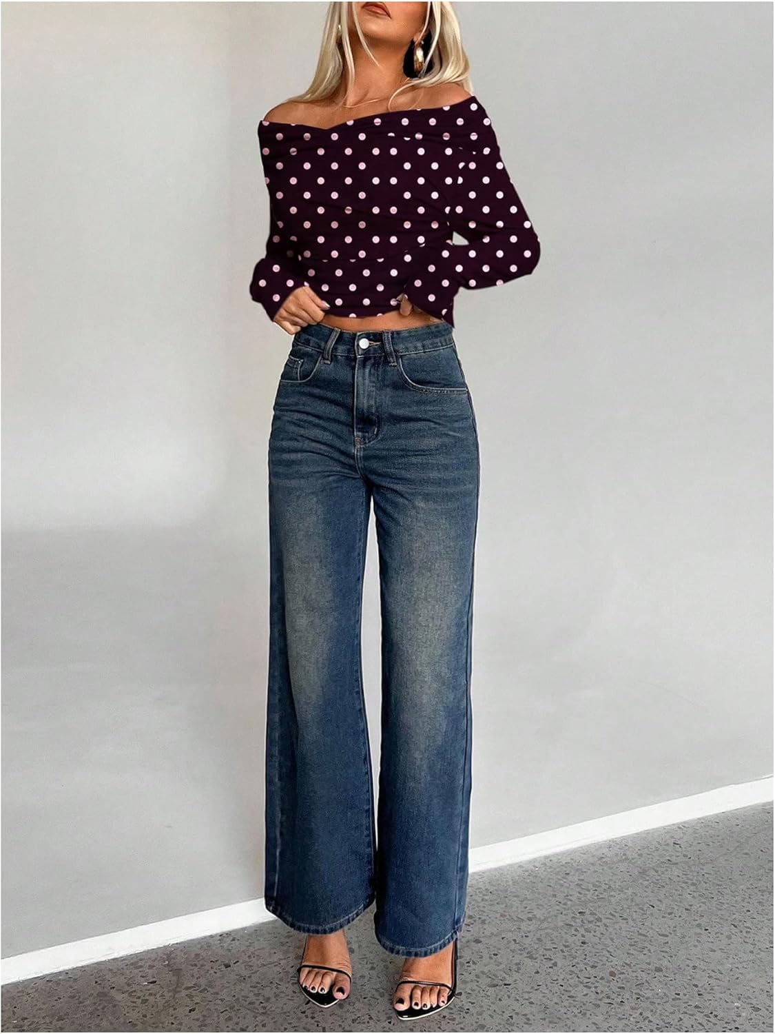 Floerns Women's Polka Dots Off The Shoulder Tops Long Sleeve Fitted T Shirts Fall Outfits - Image 5