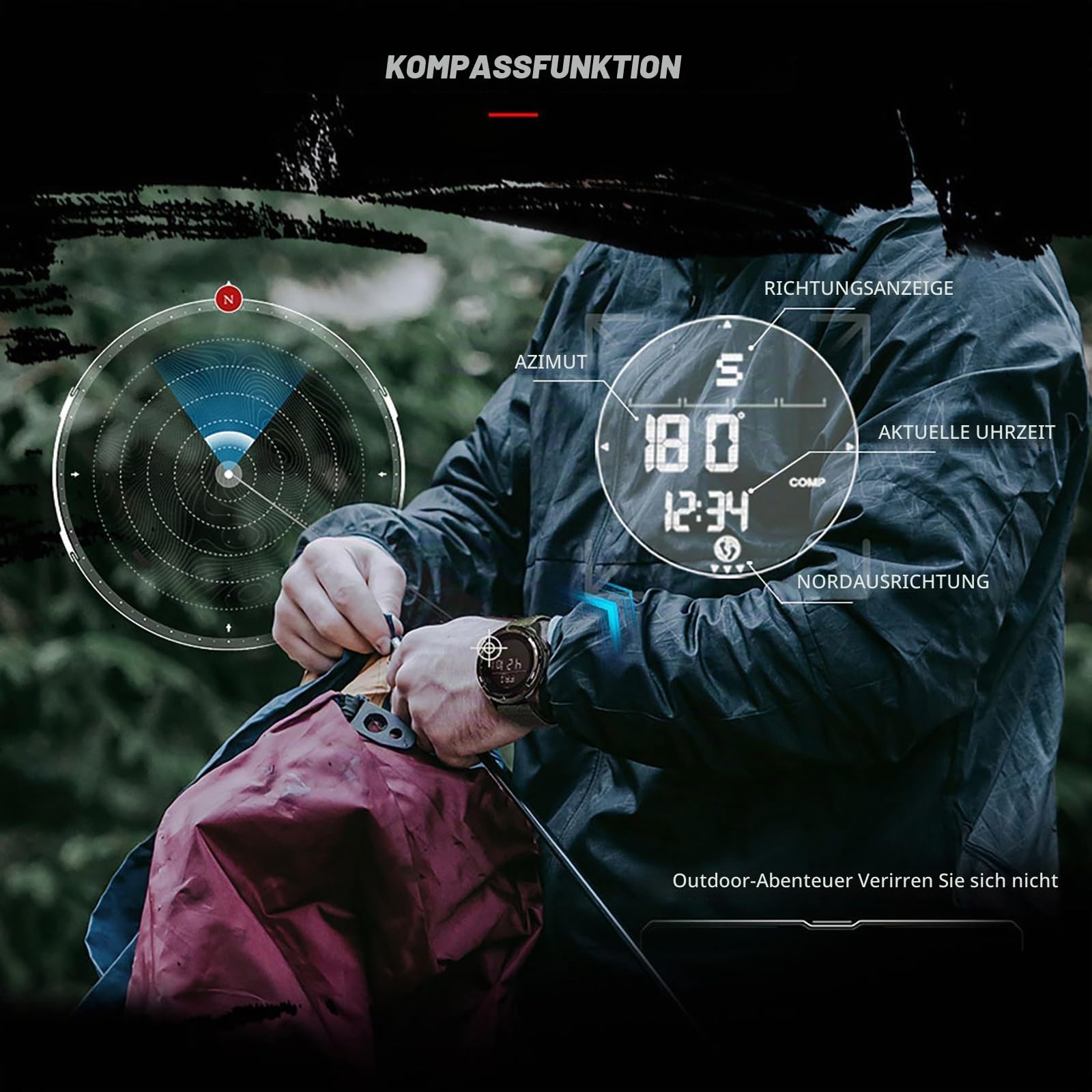 Militär Uhr Herren Digitaluhr Kompass Schrittzähler ohne app und Handy Kalorienzähler Herrenuhr Digital Armbanduhr Outdoor Tactical Watch Military 5 ATM Wasserdicht Stoppuhr Sport Chronograph Jungen