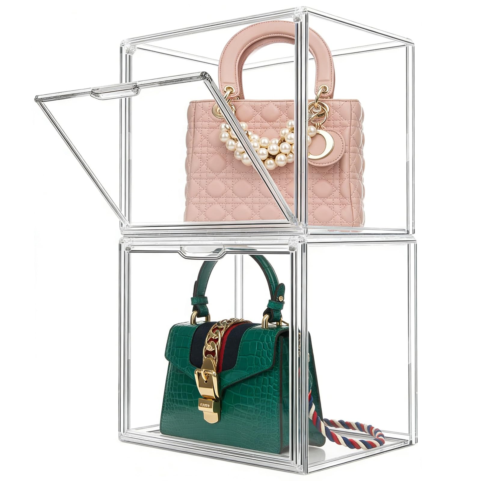 2 organizadores de almacenamiento de bolsos de plástico transparentes, apilables con puerta magnética, organizador de bolsos para armario, organización de juguetes y exposición, XL