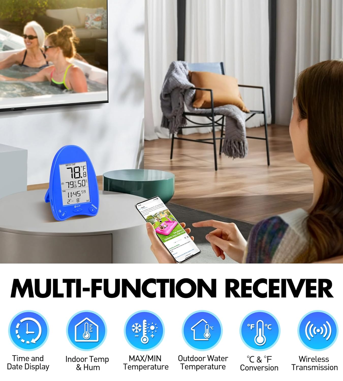 Solar Digital Pool Thermometer Wireless | Floating Thermometer with Light Show & Backlit Display for Easy Night Reading | Pool Water Temperature Gauge & Indoor Hum Monitor, Dark Blue