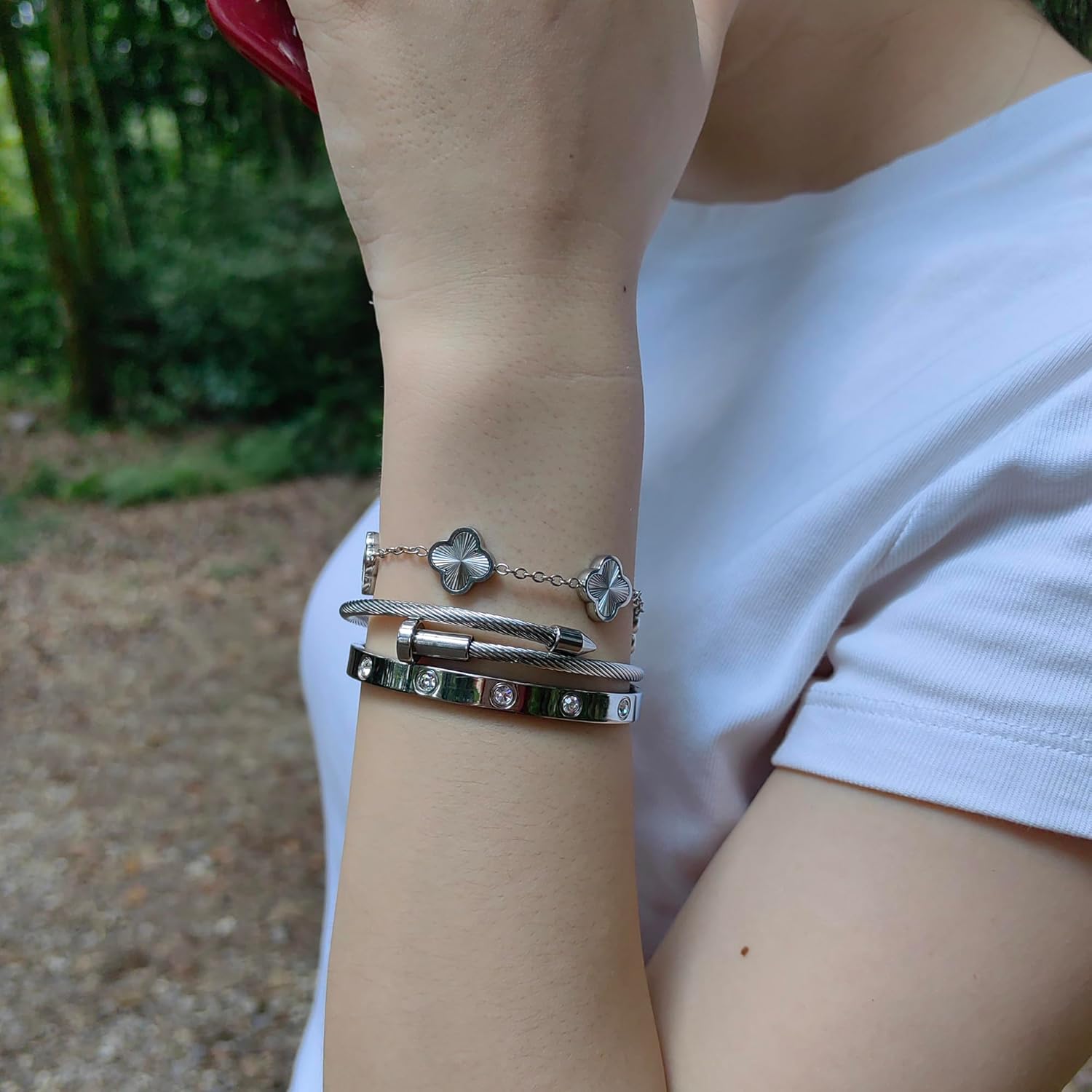 Womens Bracelet 18K Gold Plated Cuff Bangle Clover Bracelet Set for Women Four Leaf Lucky Bangle Jewelry Gift of Love - Image 8