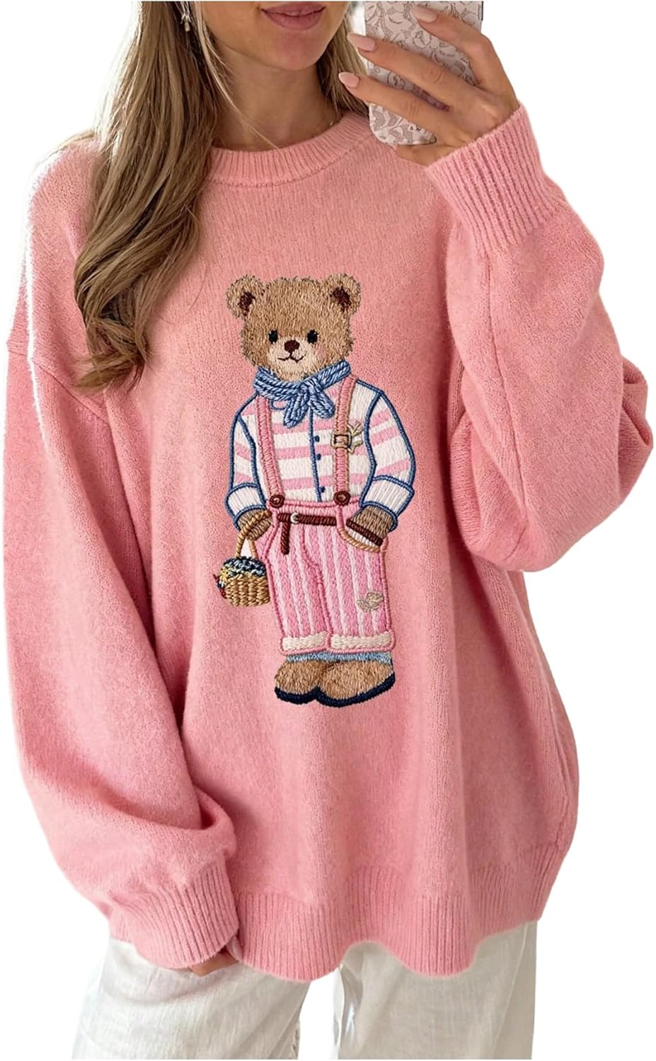 Women's Teddy Bear Sweater Cute Graphic Lightweight Sweater Crew Neck Long Sleeve Pullover Knit Tops