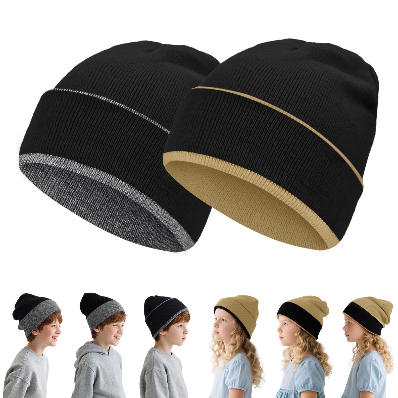 Rosoz Kids Beanie Boys Girls, Reversible Beanie with Double Sides