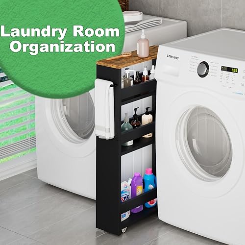 Miniatura 4 de MARTY - Carrito de almacenamiento rodante de 4 niveles, color negro, carrito de cocina con ruedas, carrito delgado de almacenamiento con asa,