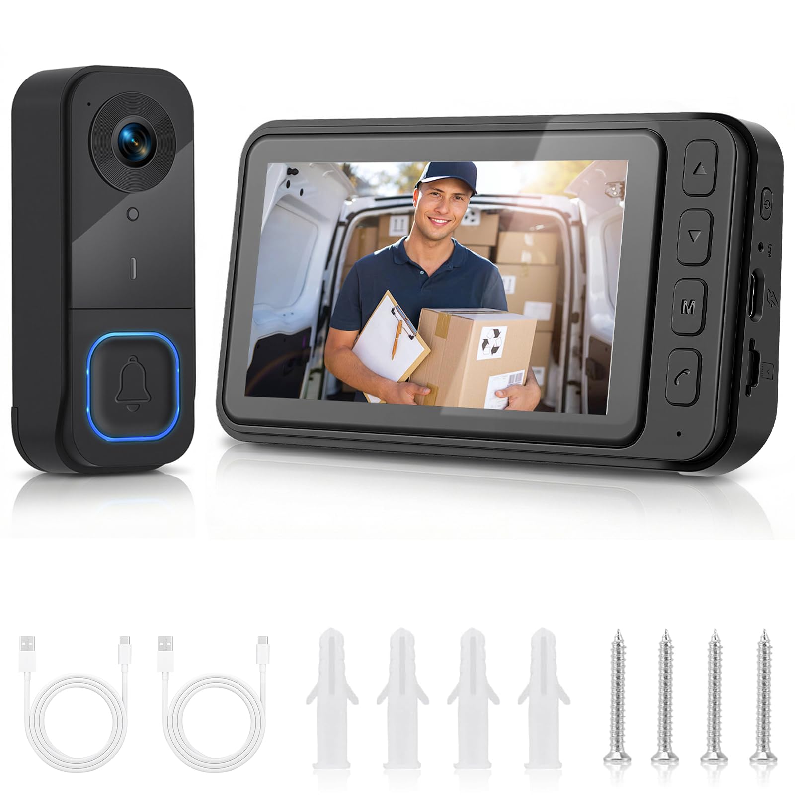 Sonnette vidéo 4,5" écran, 120° Grand Angle, 2 Voies Audio, 720P HD | Sans Wi-Fi ni app, système autonome 2,4 GHz (100 m), batterie 1000mAh, 720P, vidéo jusqu'à 128Go