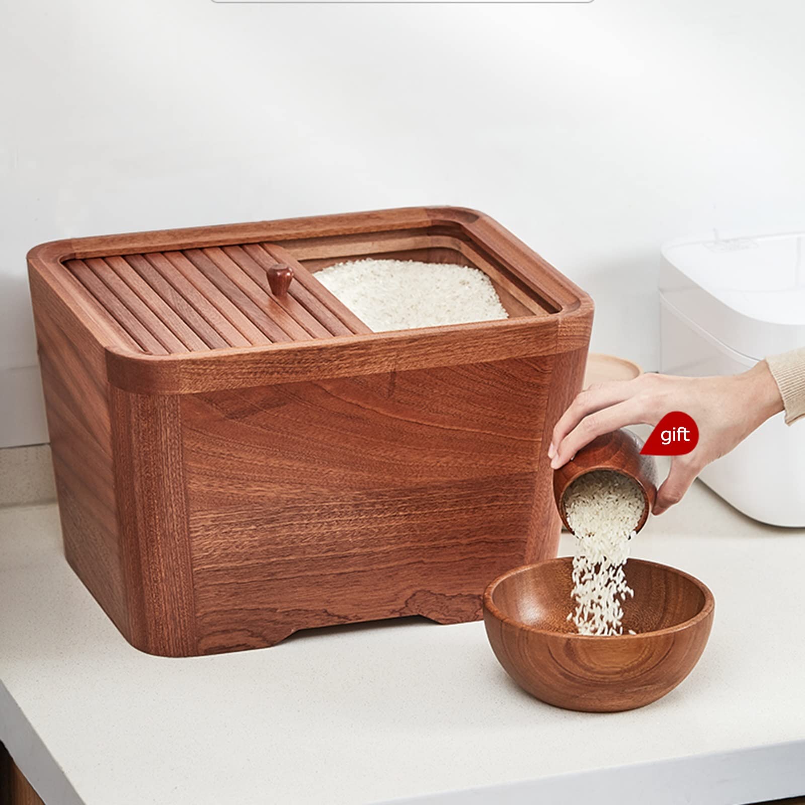 Contenitori per Alimenti Ermetici Barile Di Riso In Legno Per Uso Domestico - Scatola Porta Riso Sigillata Grande Da 10 Kg, Grano/cibo Secco/cereali/mais, Piano Di Lavoro Della Dispensa Della Cucina