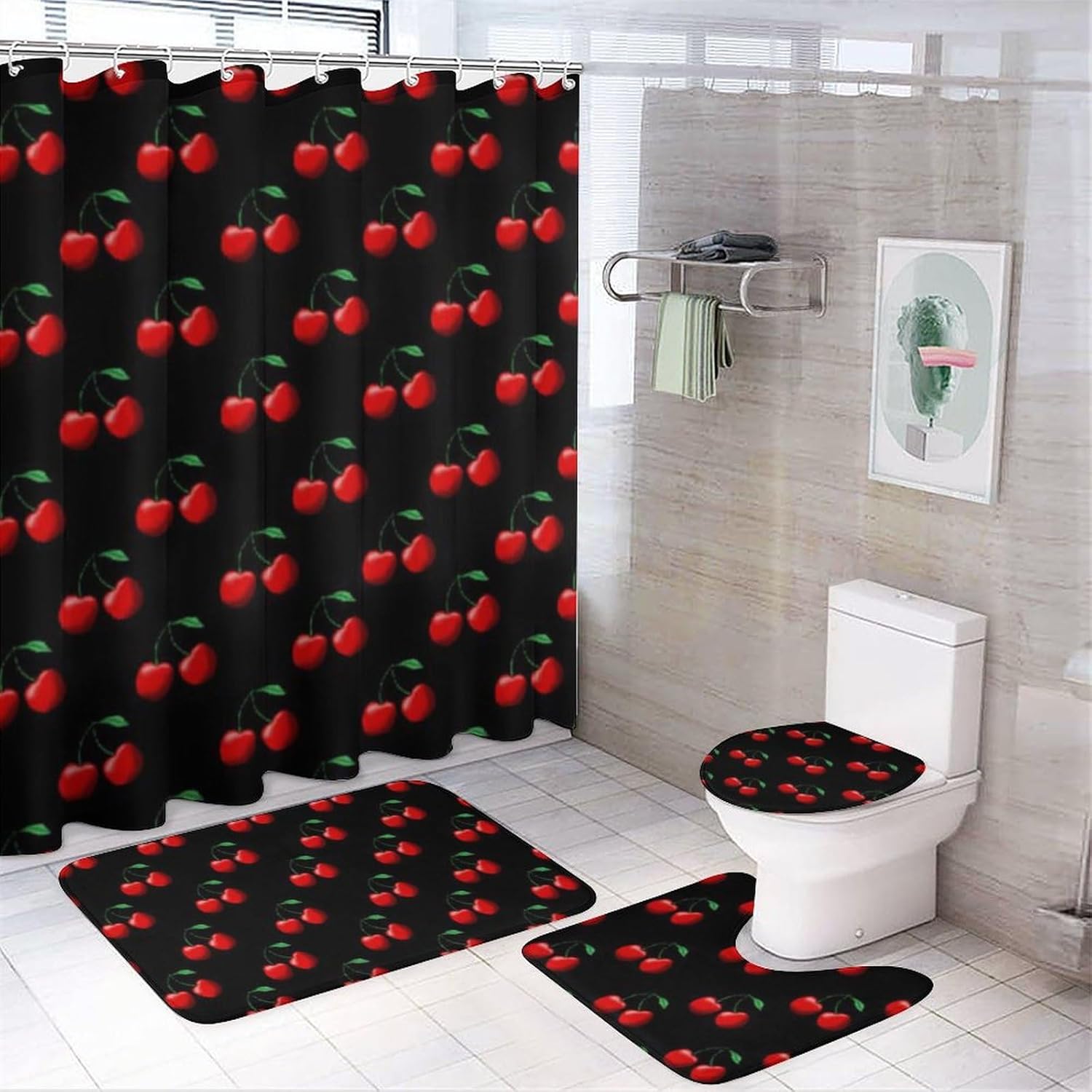 4Pcs Shower Curtain Sets, Sweet Cherries Bathroom Sets with Non-Slip Bath Rugs, Toilet Lid Cover & U Shape Mat, Waterproof Shower Curtain with 12 Hooks, 72"x72"