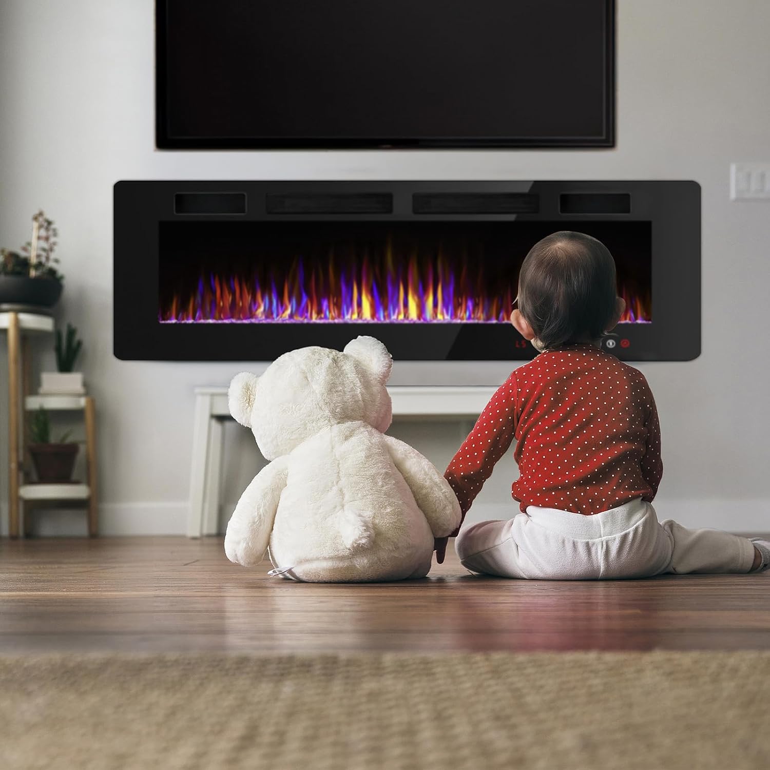 Деталдаштырылган view of the touch screen control panel on the BOSSIN electric fireplace