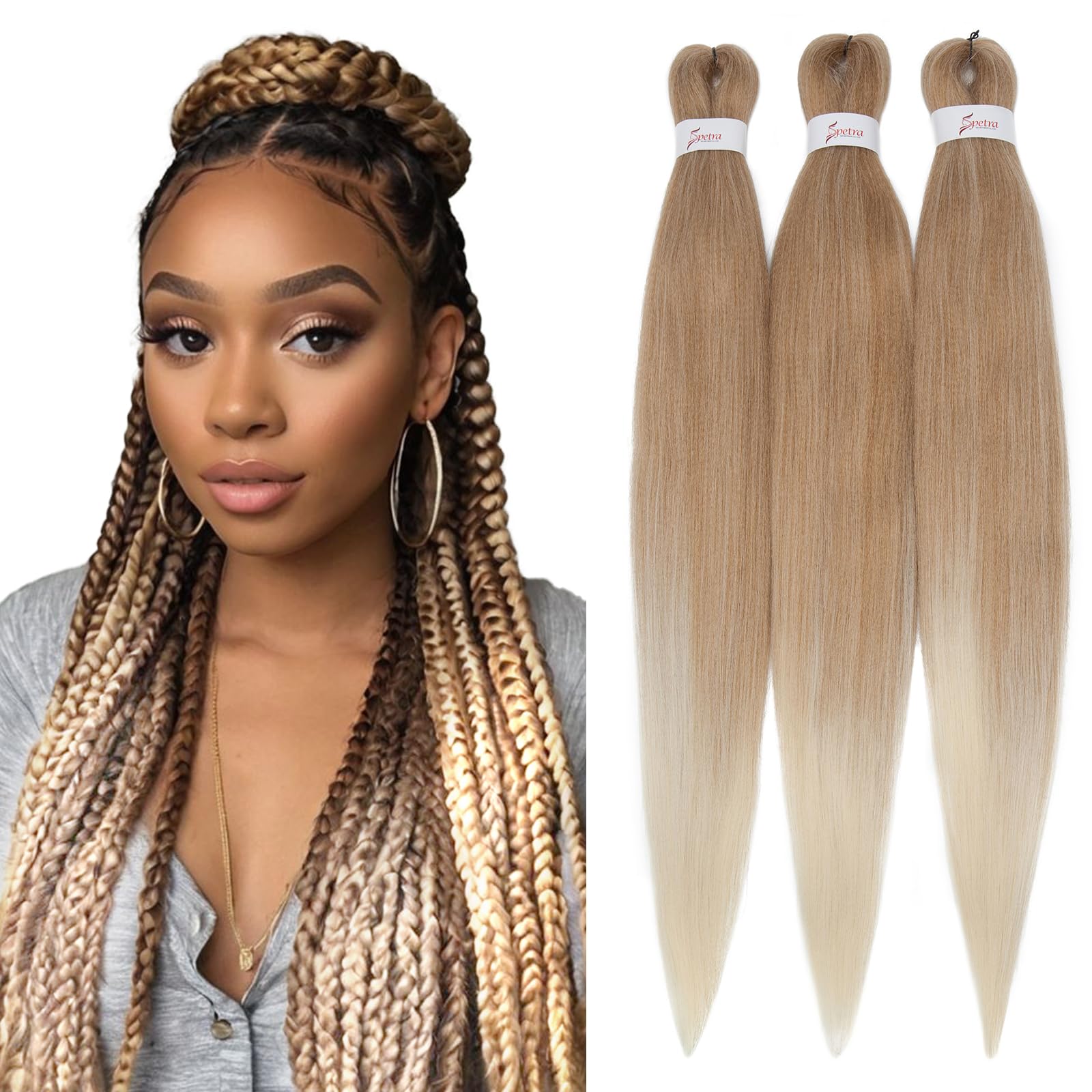 S-noilite Long EZ Braids Pre-Stretched Easy Braiding Hair Extensions for Crochet Box Twist Braids Ombre Yaki Texture Synthetic Hair Hot Water Setting,26 Inch 3 Packs 270g,Ash Blonde to Bleah Blonde