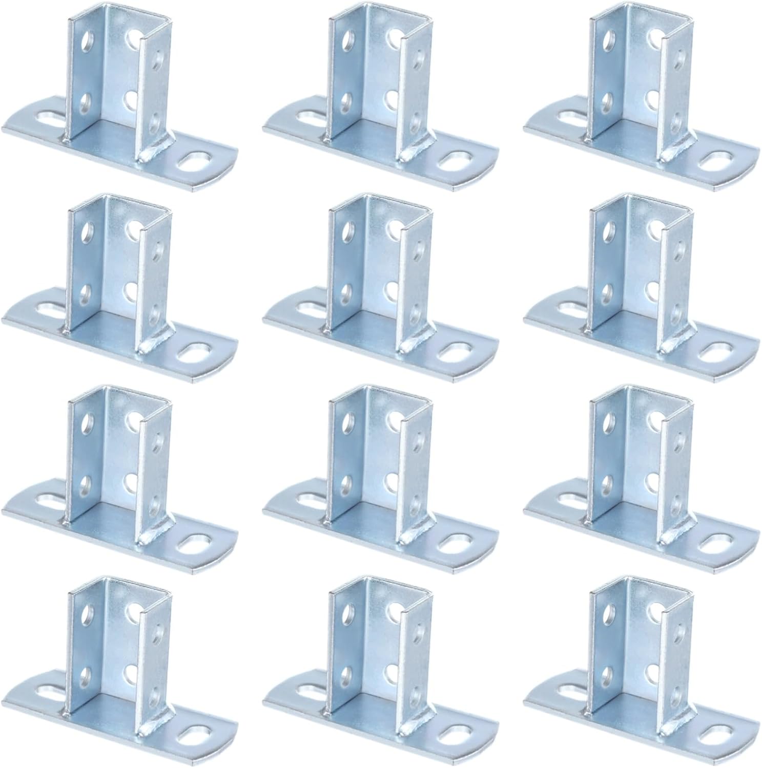 12 PCS Strut Post Bases, 2 Slotted Holes U Post Base for 1-5/8 Inches Square Single Channel, Heavy Duty Galvanized Carbon Steel Wall Ground Floor Mounting System, Universal Shelf Bracket Pile Base