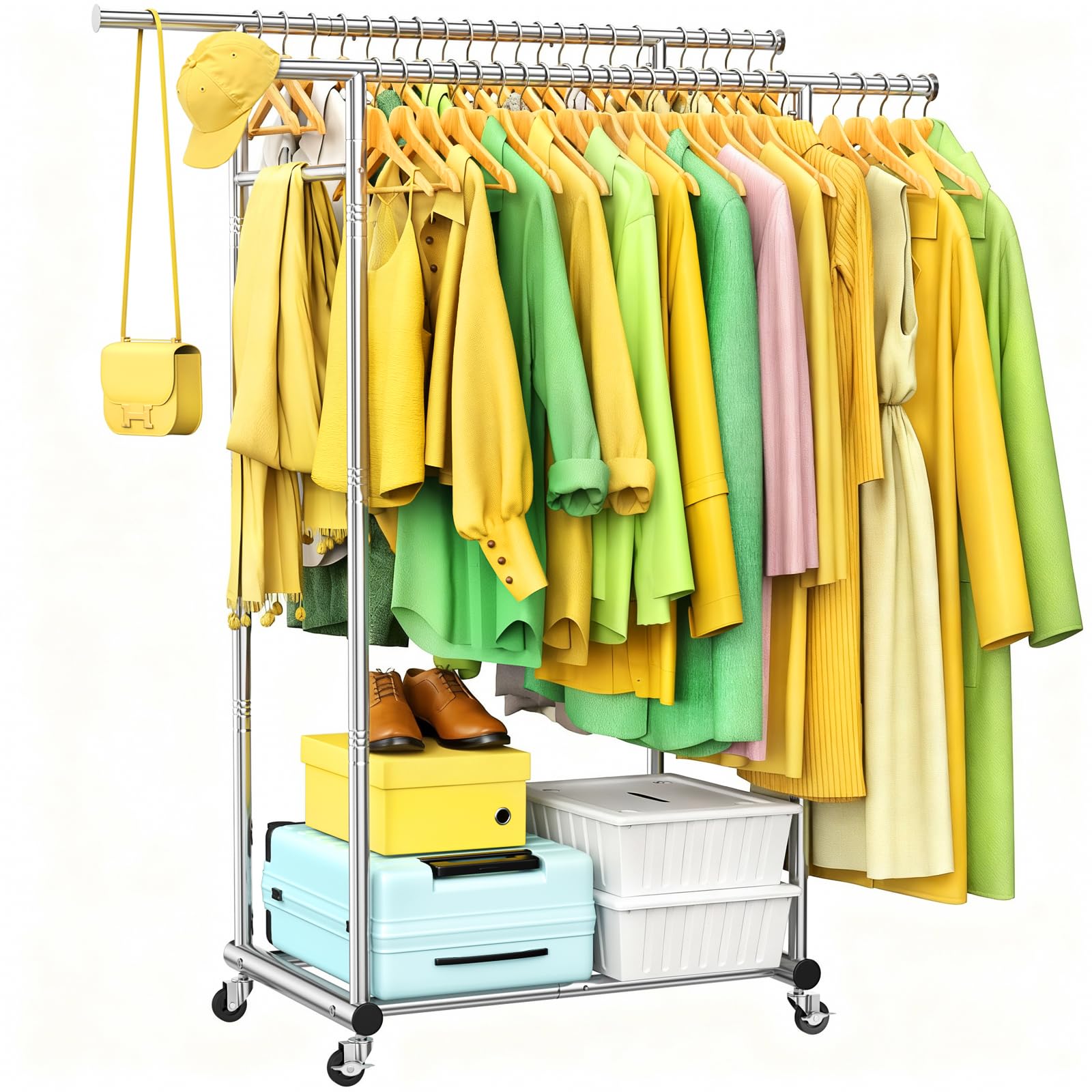 Double Rods Clothing Rack for Hanging Clothes 100 Stainless Steel Clothes Rack Portable Sturdy Clothes Rack with Wheels