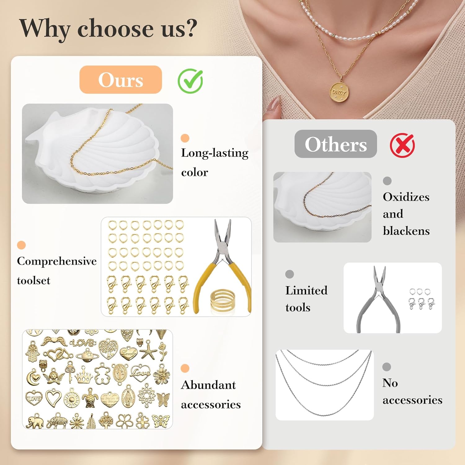 14k Gold Necklace Chain for Jewelry Making, 16.6 Feet Total (5 Rolls) DIY Bracelet Chains with 300 Jump Rings, 50 Lobster Clasps, 1 Jewelry Pliers,1 Support Ring and 50 Pendants - Image 5