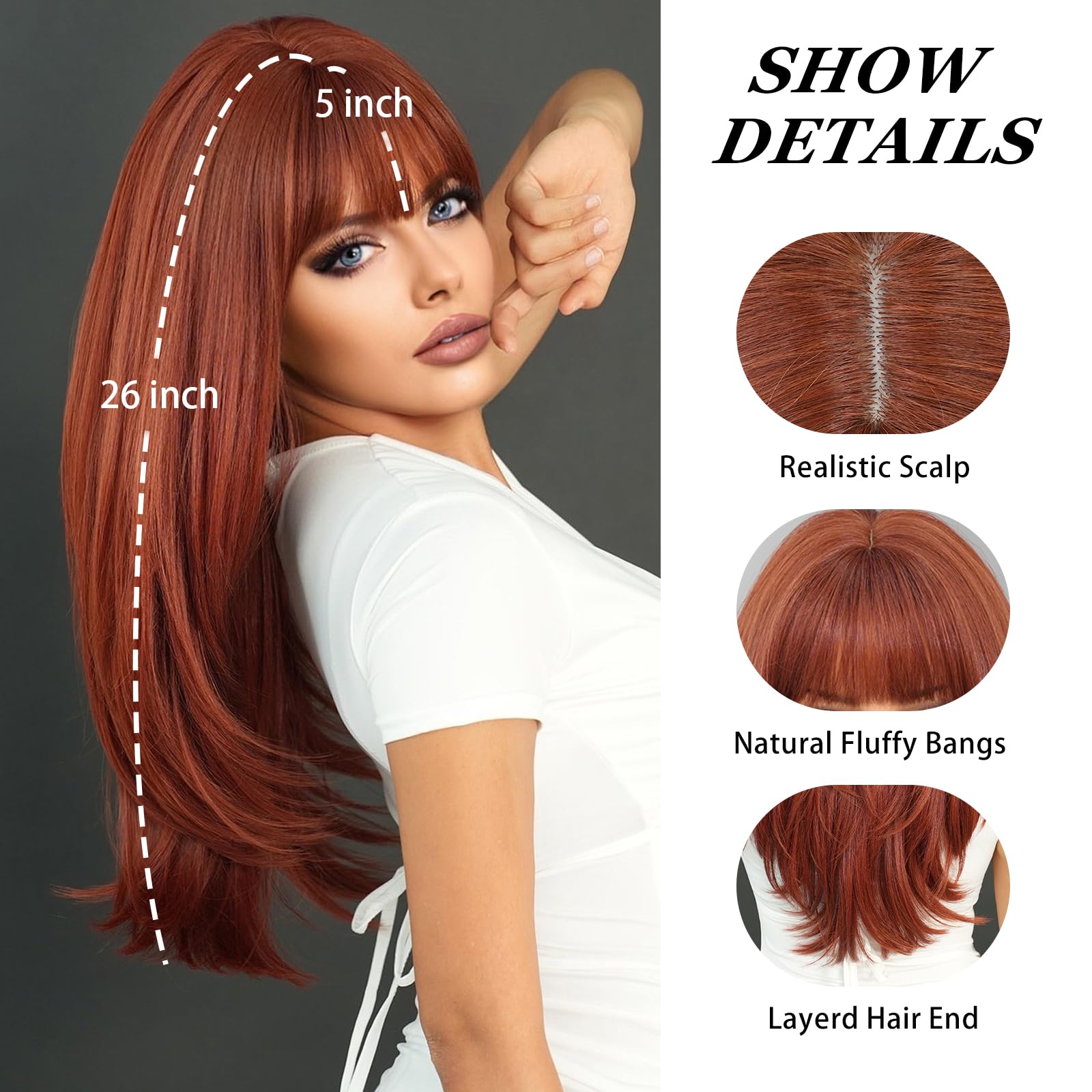Wig with Bangs 26Inch Long Layered Straight Hair Heat Resistant Synthetic Scalp Long Straight Auburn Wig with Bangs 26 Inch Orange Ginger  main image 3