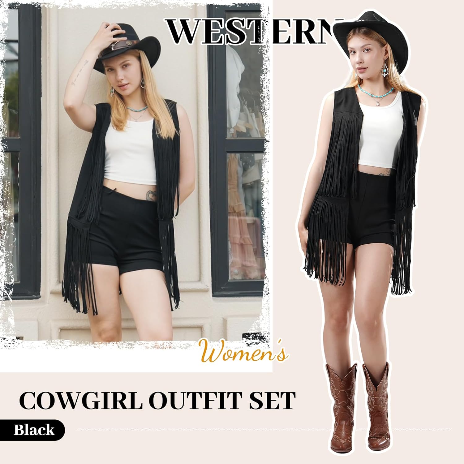 Western Outfits for Women,7pcs Fringe Vest Cowboy Hat Cowgirl Costume Tassels Halloween 70s Costume Set. - Image 2