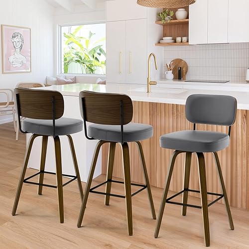 Miniatura 26 de Bekrvio Juego de 3 taburetes de bar giratorios de altura de mostrador, taburetes de bar tapizados de piel sintética con respaldo de ratán, sillas de