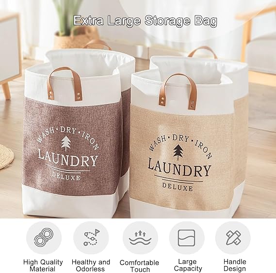 Laundry Hamper Large, Laundry Basket Organizer, Collapsible Dirty Clothes Basket with PU Leather Handle, Linen Clothes Hamper for Storage Toys and Clothing in Bedroom, Bathroom(Beige)