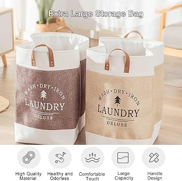 Laundry Hamper Large, Laundry Basket Organizer, Collapsible Dirty Clothes Basket with PU Leather Handle, Linen Clothes Hamper for Storage Toys and Clothing in Bedroom, Bathroom(Beige)