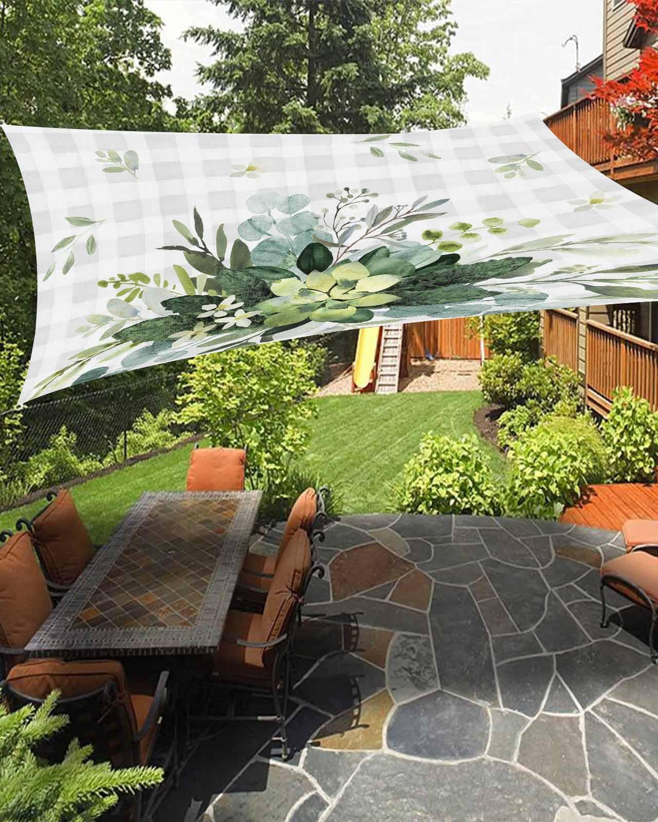 Boanket Sun Shade Sail 6.5' x 10', Eucalyptus Leaves UV Block Sun Sails Shades, Gray Plaid Spring Floral Summer Botanical Shade Cloth for Patio Deck Garden Lawns Beach Backyard