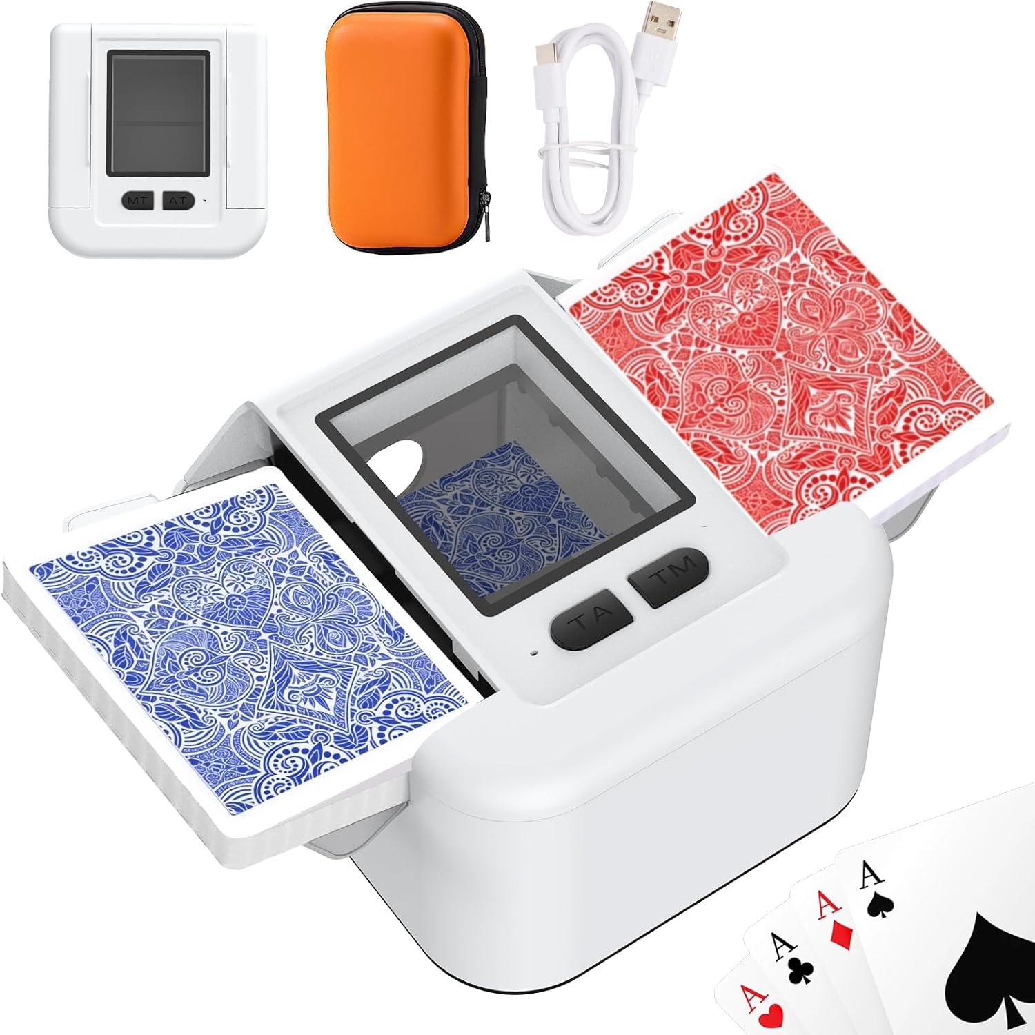 Rechargeable Automatic Card Shuffler with Card Case, Quiet Fast Shuffling Machine for UNO Skip-Bo Skyjo Texas Hold’em, One-Press Smart Auto & Manual Shuffling, Convenient, Party & Travel