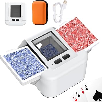 Rechargeable Automatic Card Shuffler with Card Case, Quiet Fast Shuffling Machine for UNO Skip-Bo Skyjo Texas Holdem, One-press Smart Auto & Manual Shuffling, Convenient, Party & Travel White