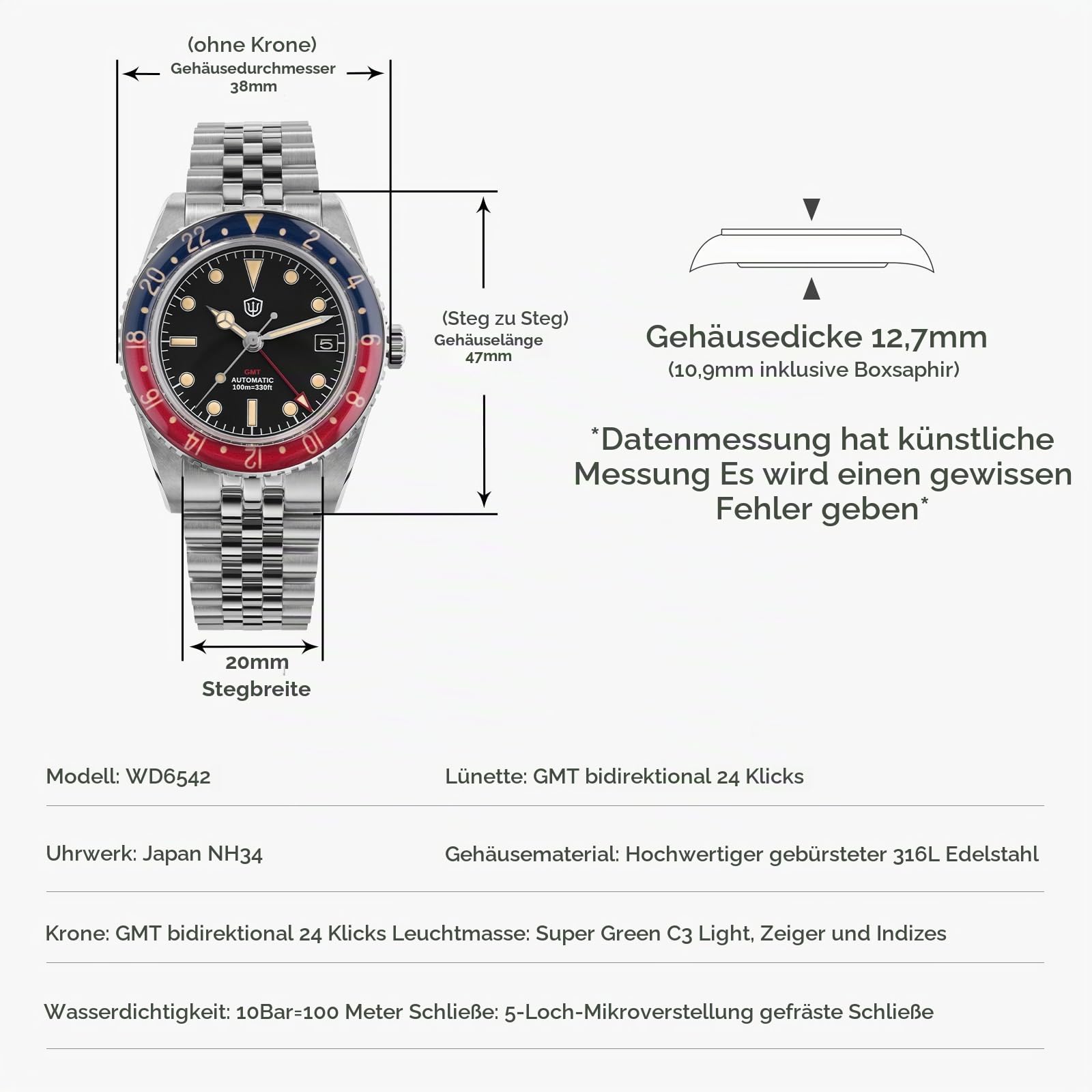 watchdives GMT Uhren Für Männer, WD6542 Männer Uhr NH34 Automatische Armbanduhr 38mm Bubble Domed Saphirglas Uhren 100M Wasserdicht