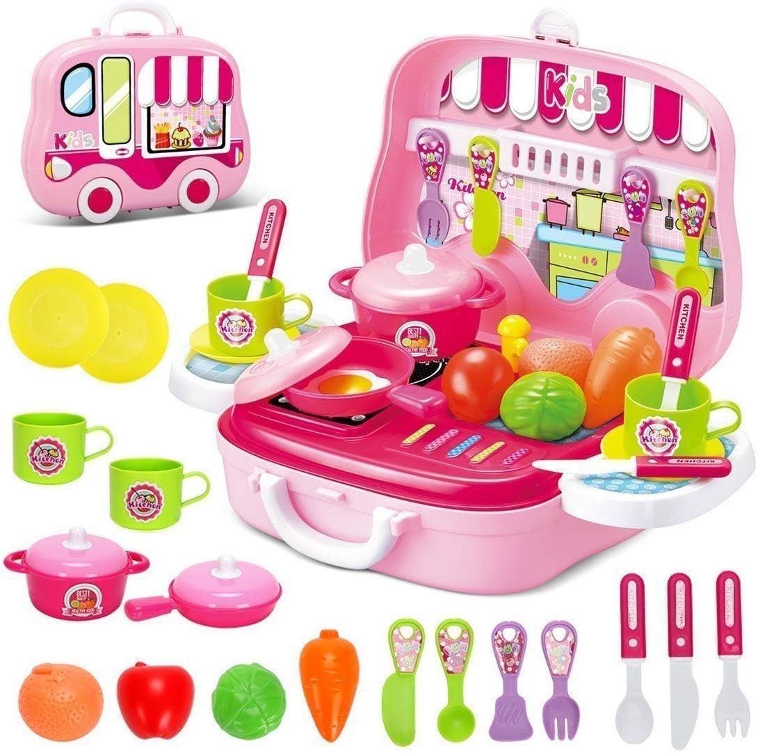 AYUOTOQi Premium Portable Kitchen Play Set for Kids in Chef Suitcase Case – Pretend Cooking Toy with Stove, Utensils & Food Accessories | Little Chef Role Play Toy for Boys & Girls