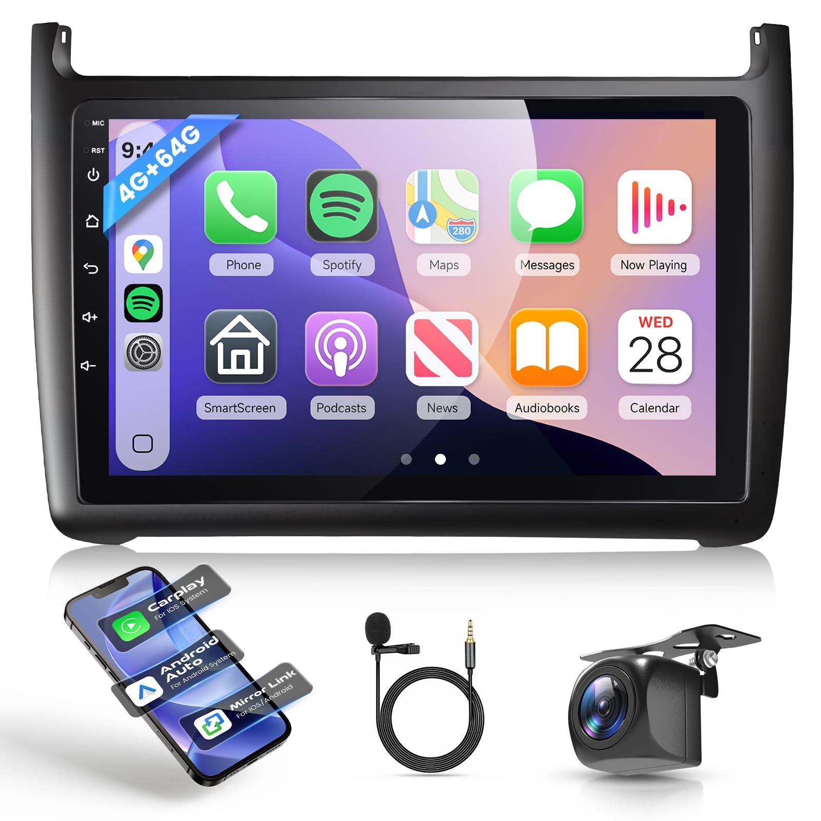 4G+64G Android Radio Coche para VW Polo 6R 6C 9N 2008-2016 9'' Pantalla con Wireless Carplay Android Auto WiFi/FM/RDS/EQ Navegación GPS Mirror Link Bluetooth Controles del Volante Cámara Trasera