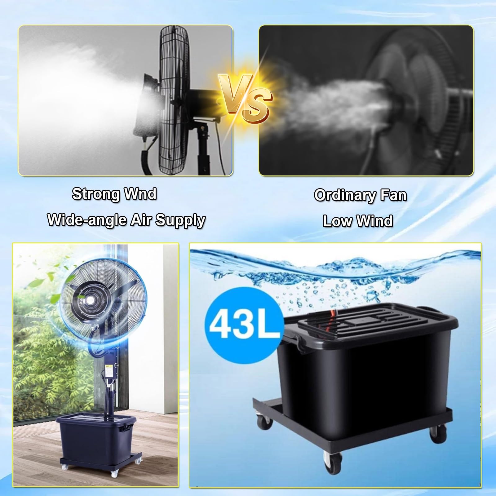 Generico Sollevabile Ventilatore con Nebulizzatore, Raffrescatore ad Acqua, 26in 30in Ventilatori a Piantana Fan Potente Industriale 90º Oscillante con Serbatoio e Ruote(320W/26in)