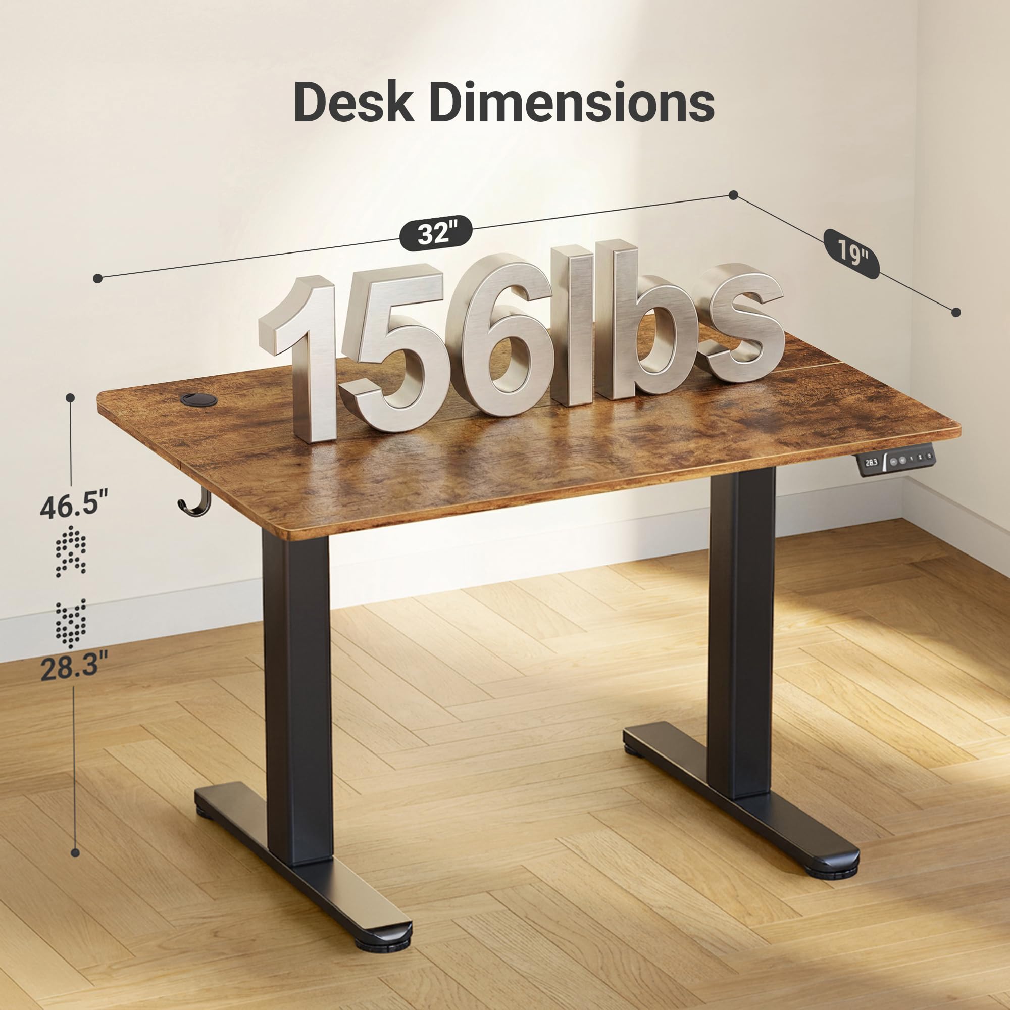 Claiks Electric Height Adjustable Standing Desk, 32x19 Inch, Rustic Brown view 2