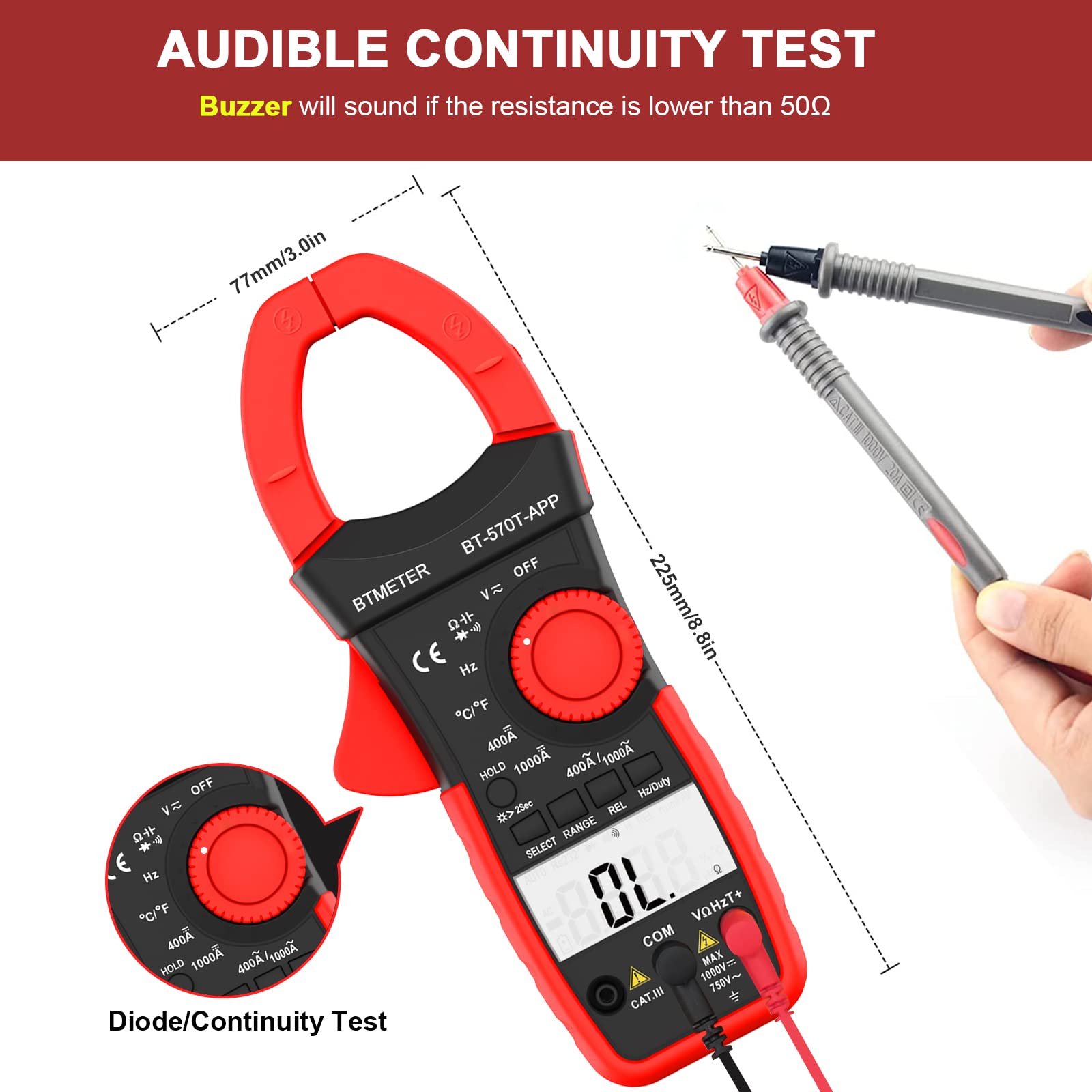 BTMETER AC/DC 1000A Clamp Multimeter, 4000 Counts Digital Clamp-on Meter with Data Logging Measure Amp Volt Ohm Capacitance Frequency Temperature Continuity, Electrical Tester 570T-APP — Amazon image 6