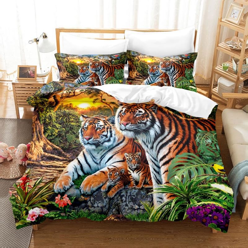 Housse de couette 220x240 adulte tigre brun parure de lit microfibre doux