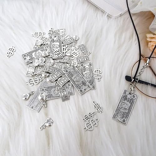 Miniatura 3 de Honbay 60 dijes de aleación con signos de dólar, bolsa de dinero, colgantes de billetes de 100 dólares para aretes, pulseras, collares, joyería (6