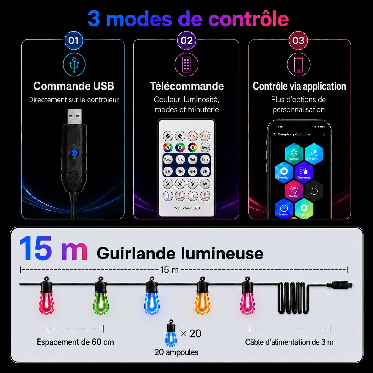 Guirlande lumineuse LED d'extérieur multicolore 15 m - 20 ampoules RVB S14 - Application intelligente avec 99 modes et minuterie (multicolore)