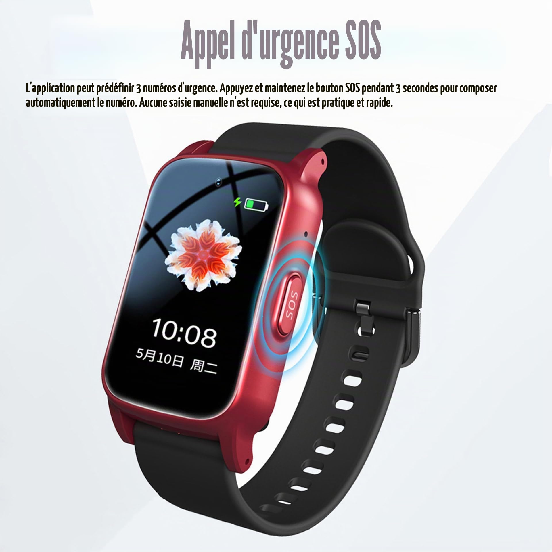 Alarme Personne Agee, Bracelet Alarme Personne Agee, Montre Sos Senior avec Appel Vidéo HD, Étanchéité IP67 Et Appel Vocal HD, Bracelet GPS Alzheimer,Red