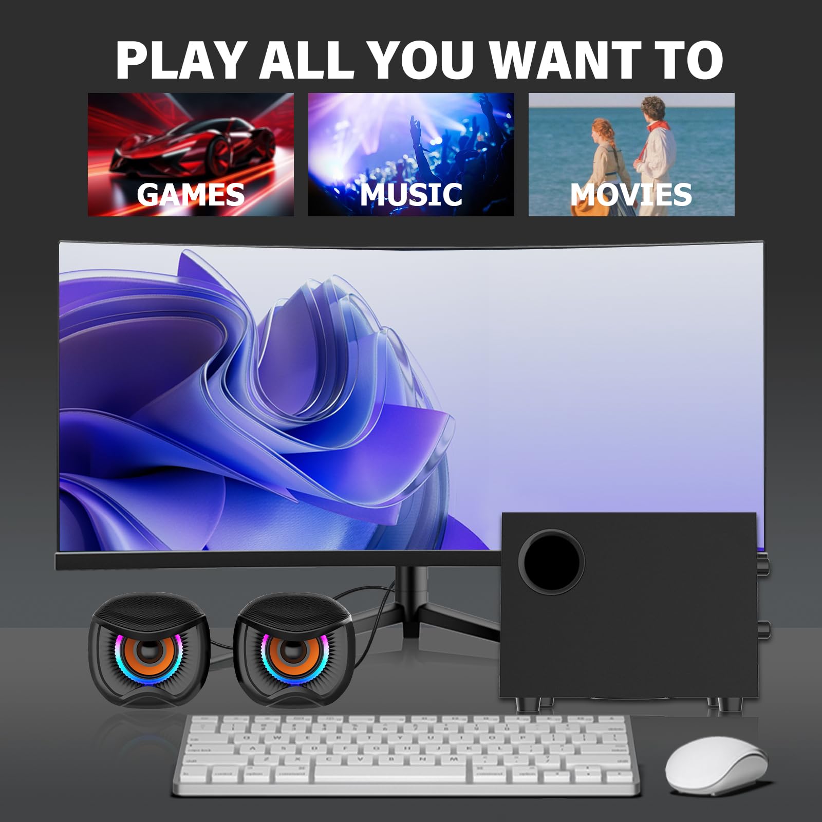 Altoparlanti per computer 2.1, sistema stereo da gioco con subwoofer RGB, altoparlanti ausiliari da 3,5 mm alimentati via USB cablati per PC, laptop, tablet, telefoni - nero
