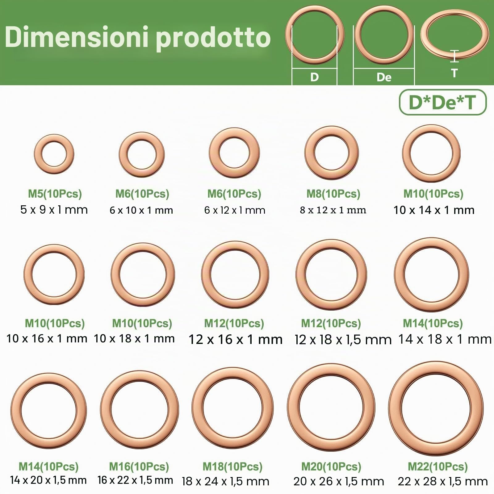 set di 150 Rondelle Alzaporta, Rondelle Rondella Piatta Tappo Olio Motore, Metallo O'Ring Guarnizioni Idrauliche Piane, Scarico Rondelle Piatte Alta Rame Tenuta per Tappi